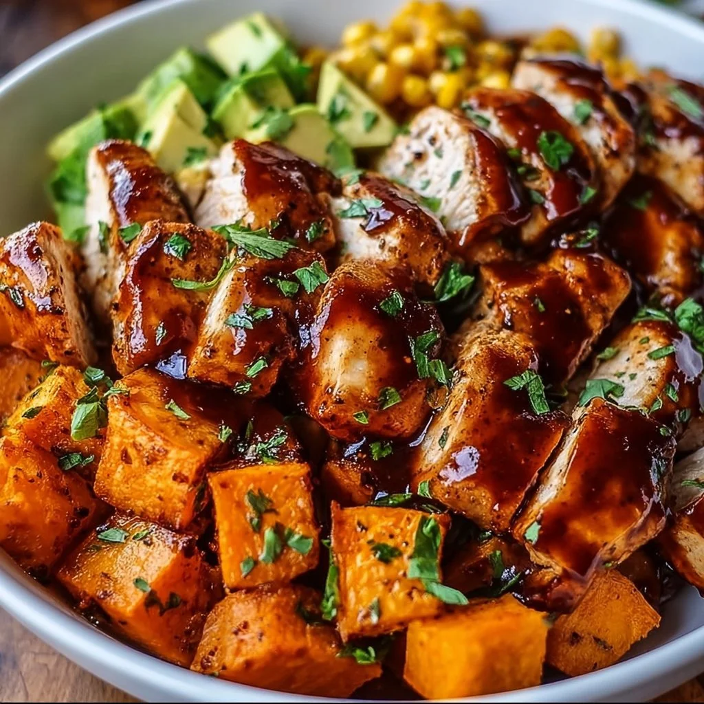 BBQ Chicken Sweet Potato Bowl with fresh ingredients and vibrant colors