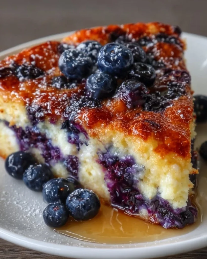 Blueberry buttermilk pancake casserole baked in a dish, topped with blueberries