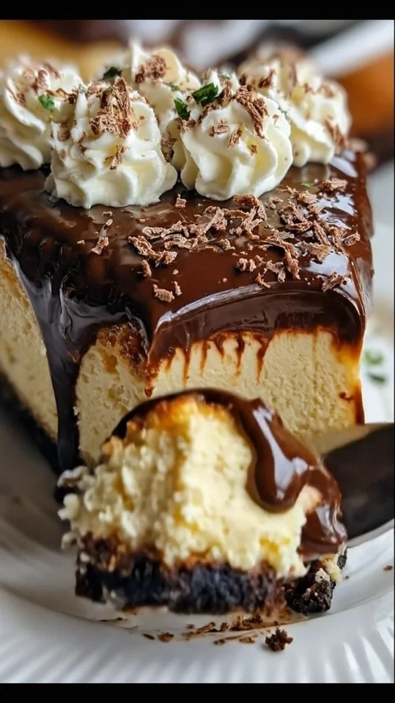 Delicious Boston Cream Pie Cheesecake topped with chocolate glaze and whipped cream