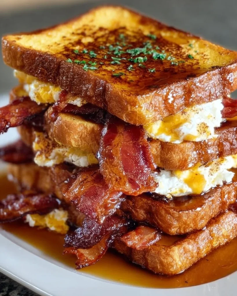 Delicious Bourbon-Maple Bacon French Toast served with syrup and crispy bacon.