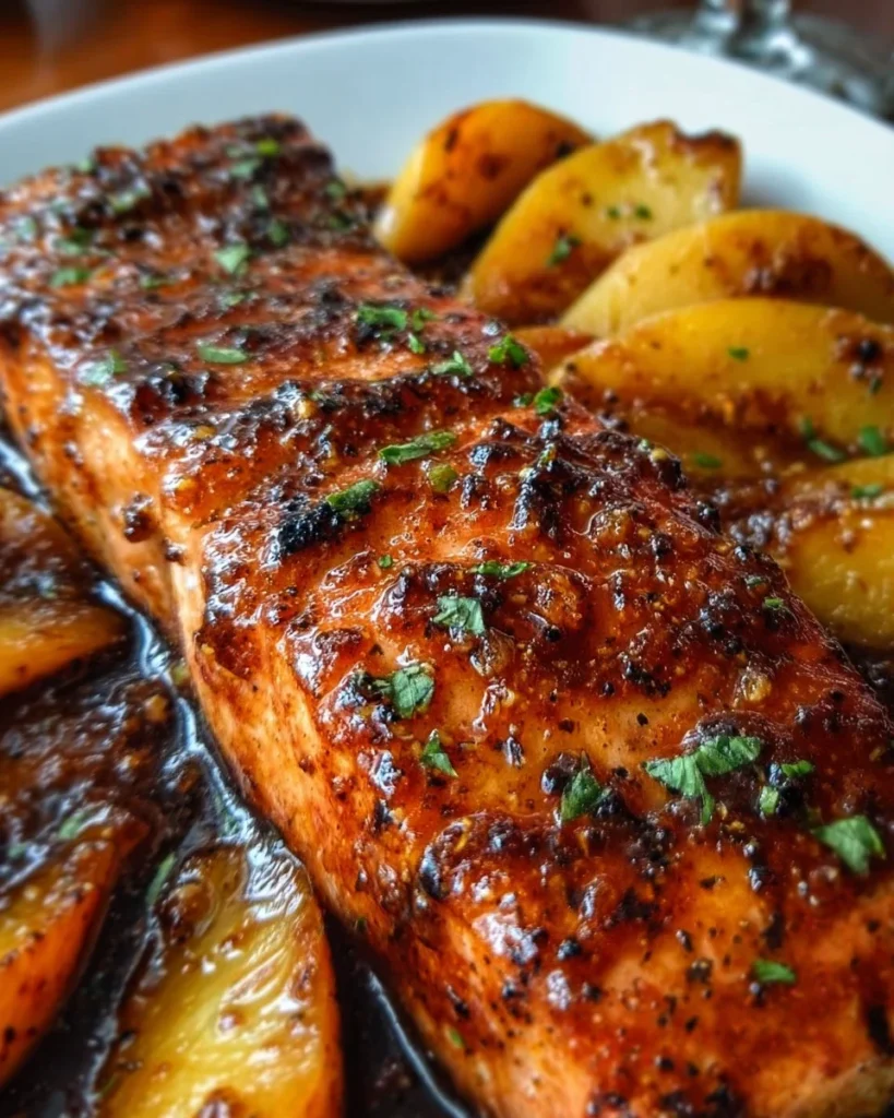 Delicious Bourbon Peach Roasted Salmon served with fresh peaches and bourbon glaze.