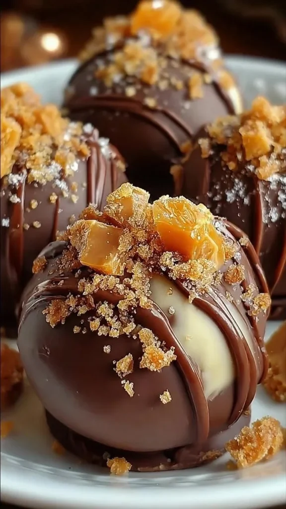 Delicious Butterfinger chocolate caramel crunch truffles on a white plate