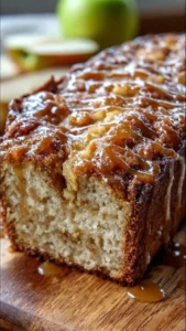 Freshly baked caramel apple fritter bread with caramel drizzle and apple chunks.