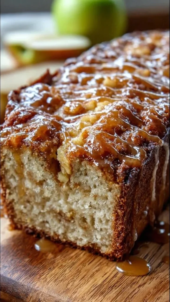 Freshly baked caramel apple fritter bread with caramel drizzle and apple chunks.