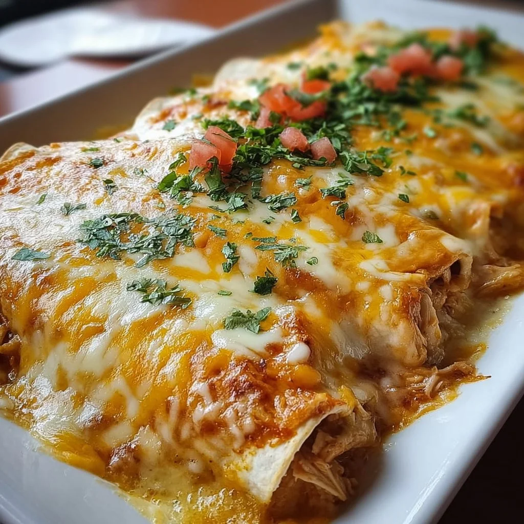 Delicious Cheese Chicken Enchiladas served on a plate with toppings.