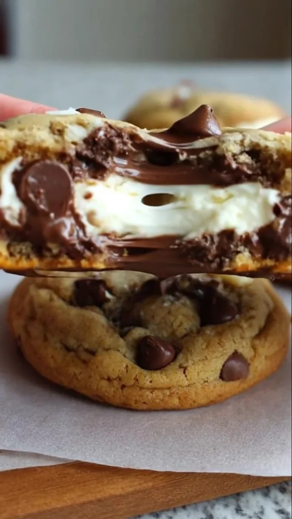 Delicious cheesecake-stuffed chocolate chip cookies on a plate.