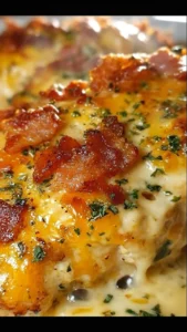 Cheesy bacon ranch chicken garnished with herbs on a white plate