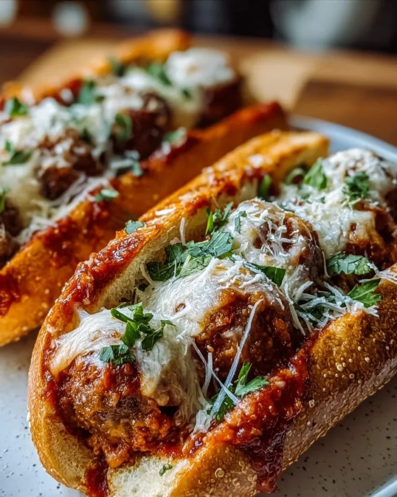 Cheesy meatball subs garnished with herbs and melted cheese on a toasted bun.
