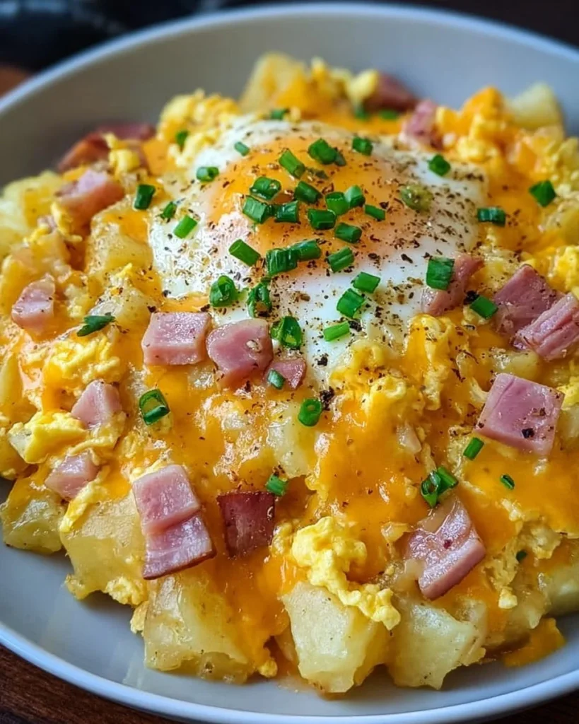 Cheesy potato egg scramble topped with melted cheese and herbs