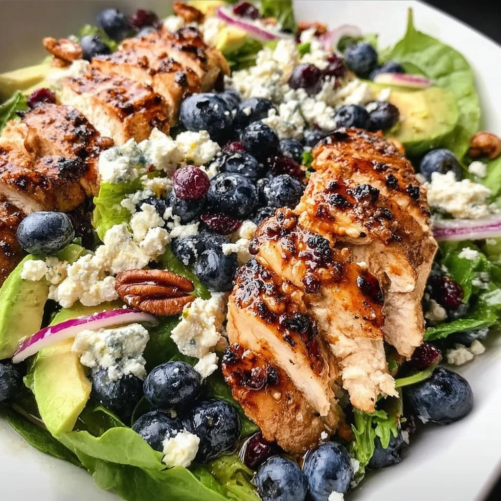 Healthy Chicken Blueberry Feta Salad with fresh ingredients