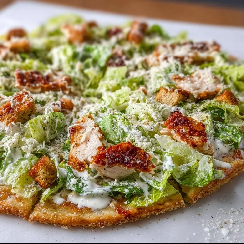 Delicious Chicken Caesar Salad Pizza topped with fresh ingredients and Caesar dressing