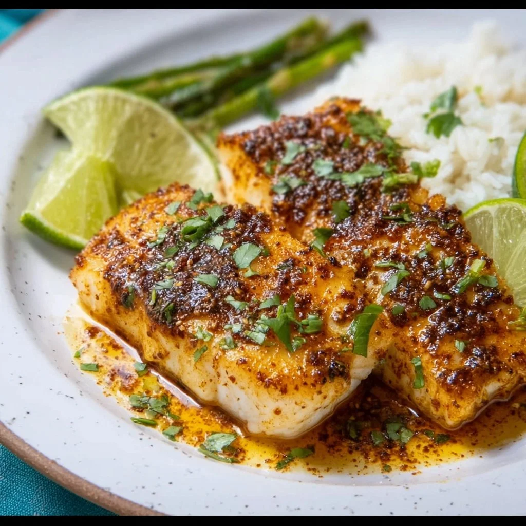 Chili Lime Baked Cod garnished with lime and chili flakes on a plate.