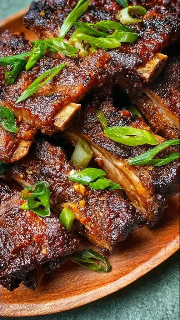 Delicious Chinese spareribs glazed with sauce and garnished, showcasing tender meat.