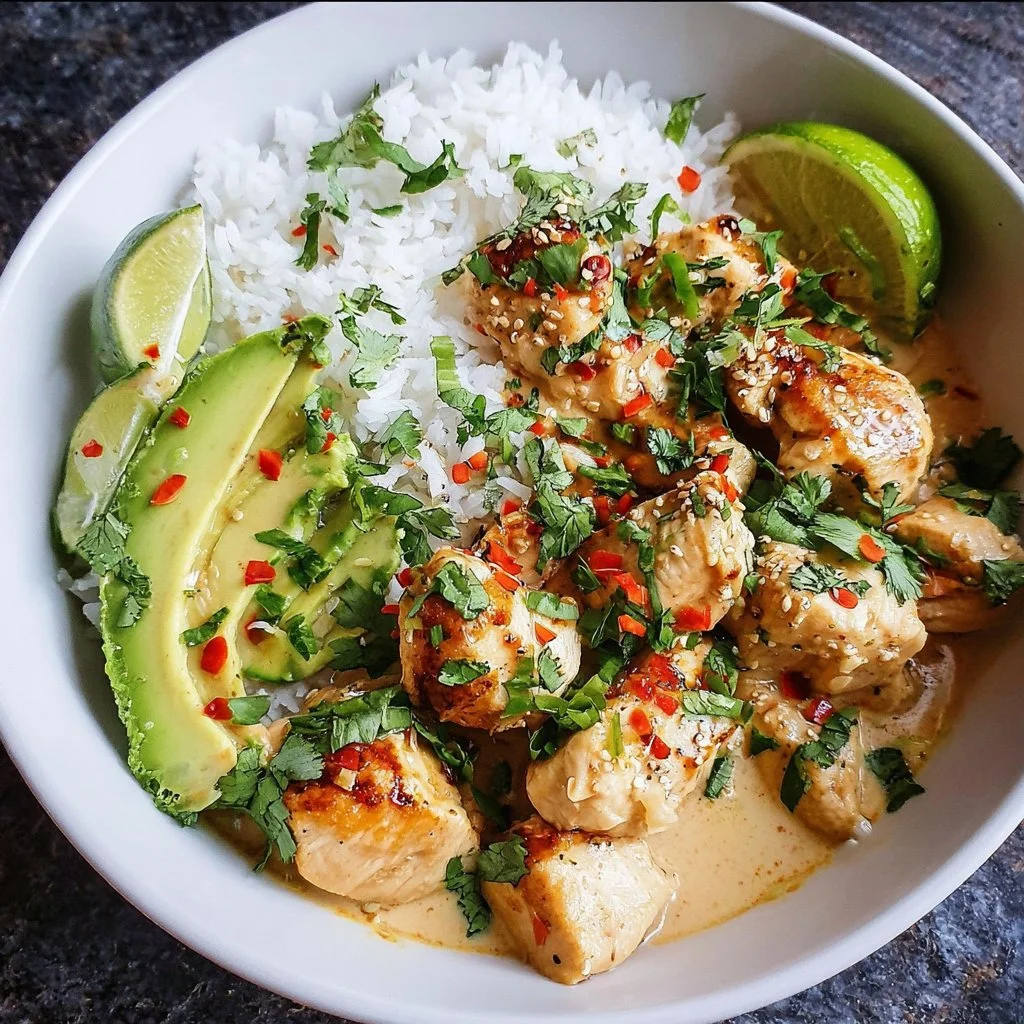 Coconut Chicken Rice Bowl with vibrant vegetables and coconut sauce