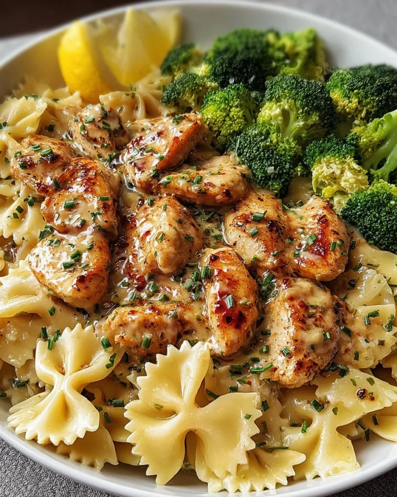 Plate of Cowboy Butter Lemon Bowtie Chicken with Broccoli garnished with lemon