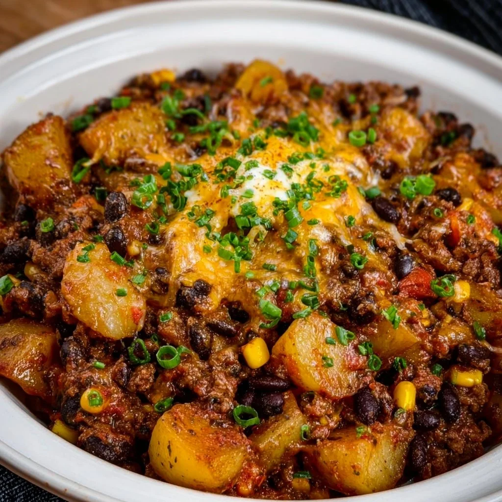 Delicious Cowboy Casserole topped with cheese and served in a rustic dish