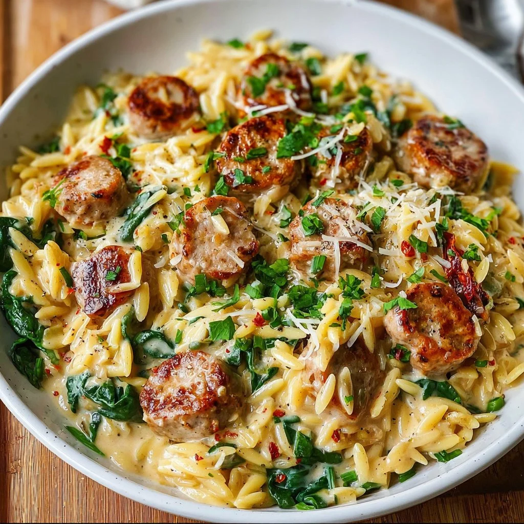 Creamy chicken sausage orzo dish in a skillet garnished with herbs