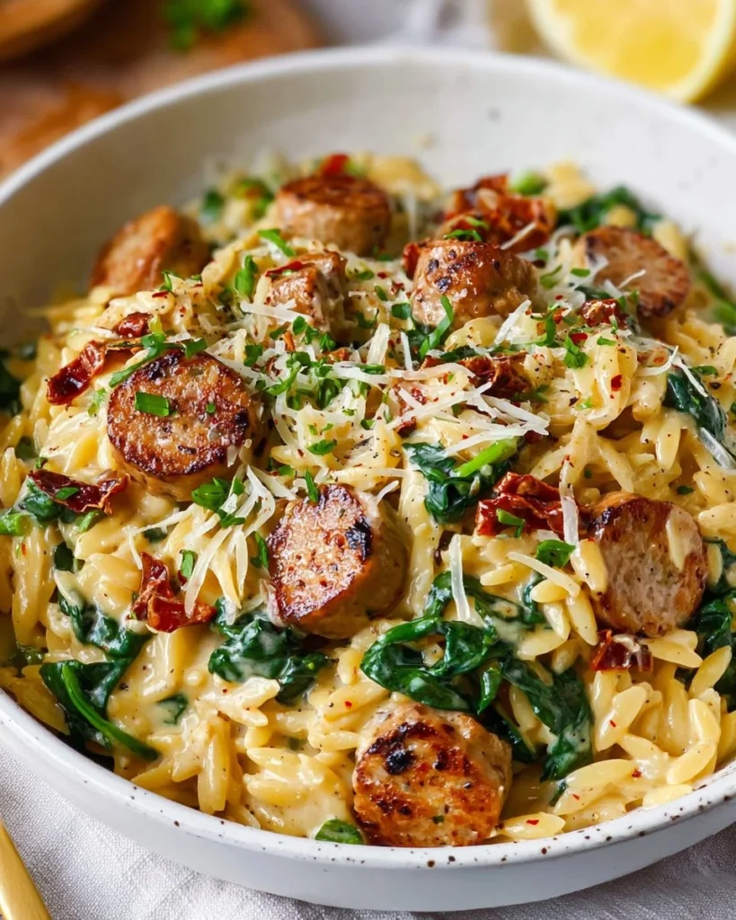 Creamy chicken sausage orzo in a skillet garnished with herbs