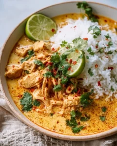Creamy coconut lime chicken served with rice in a vibrant dish