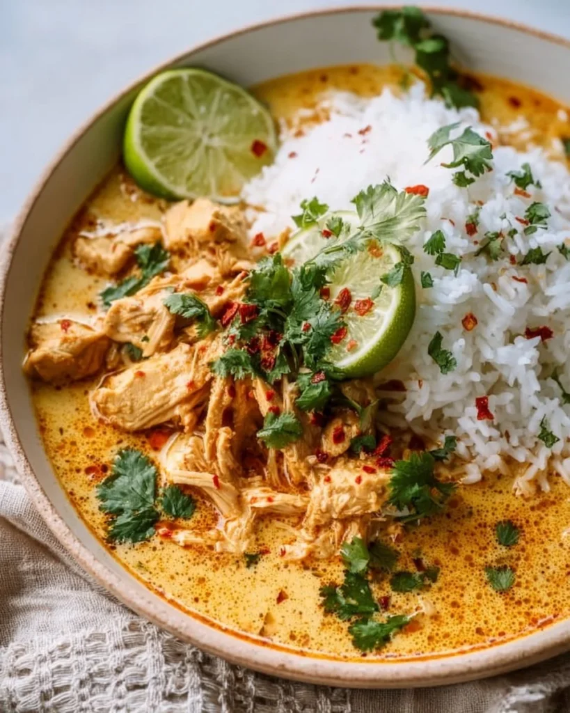 Creamy coconut lime chicken served with rice in a vibrant dish