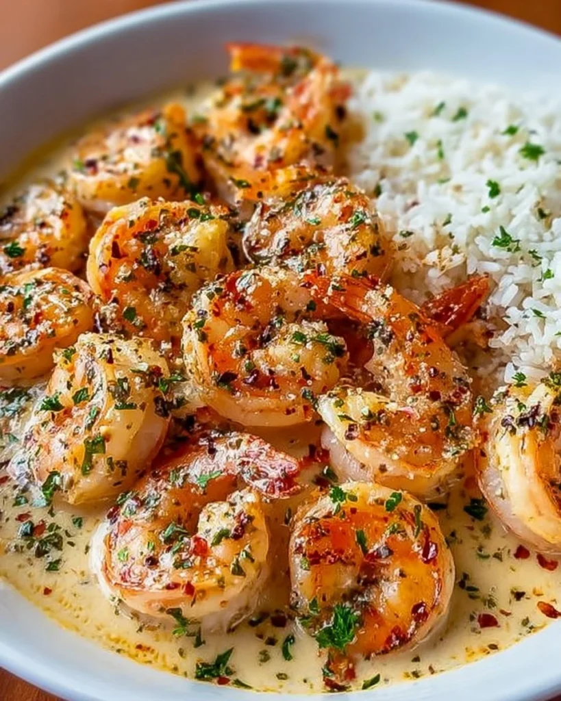 Plate of creamy garlic shrimp garnished with herbs and served with pasta