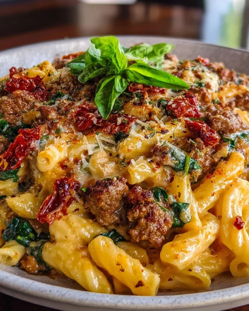 Creamy one-pot Tuscan ground beef pasta dish garnished with herbs