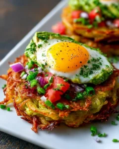 Crispy avocado hash browns served on a plate with garnishes