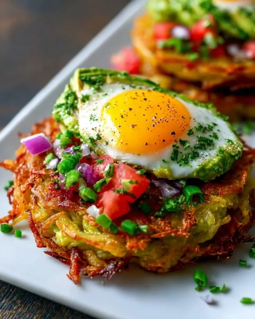 Crispy avocado hash browns served on a plate with garnishes