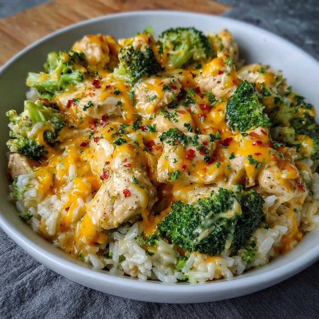 Crockpot Broccoli Cheddar Chicken and Rice garnished with herbs