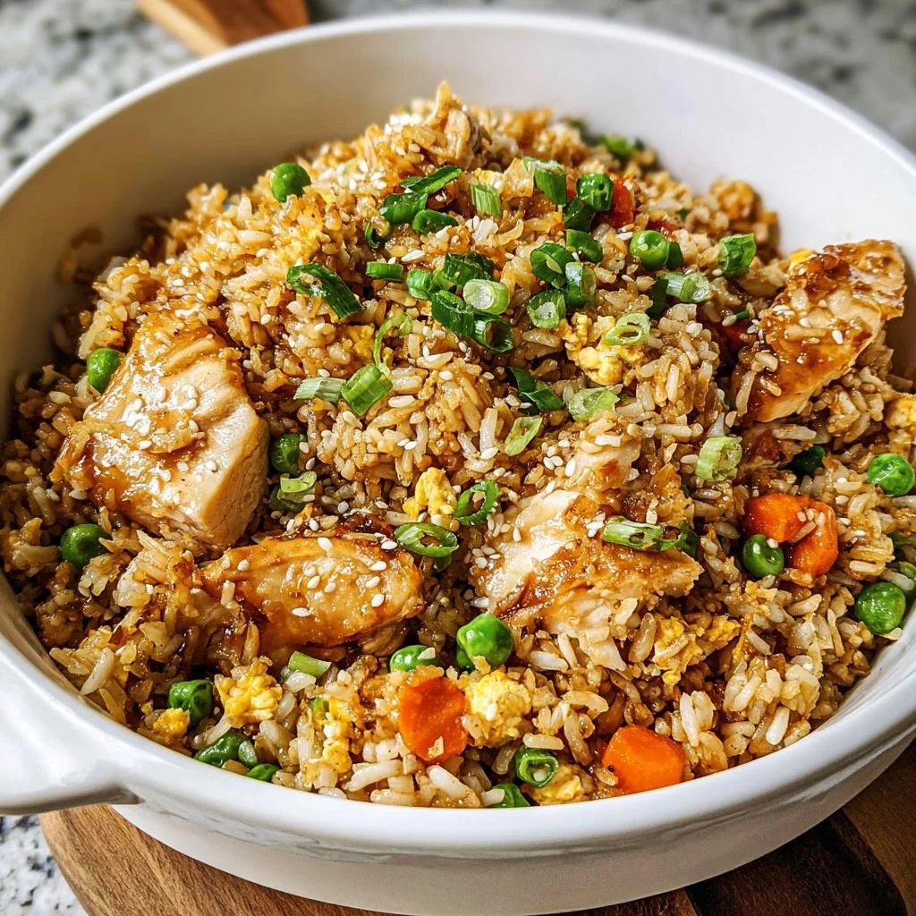 A bowl of crockpot chicken fried rice garnished with green onions.