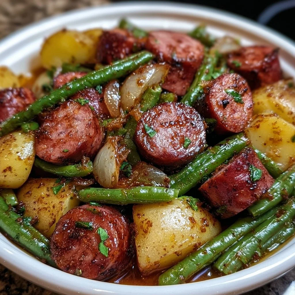 Crockpot Kielbasa with Green Beans served in a bowl, ready to enjoy.