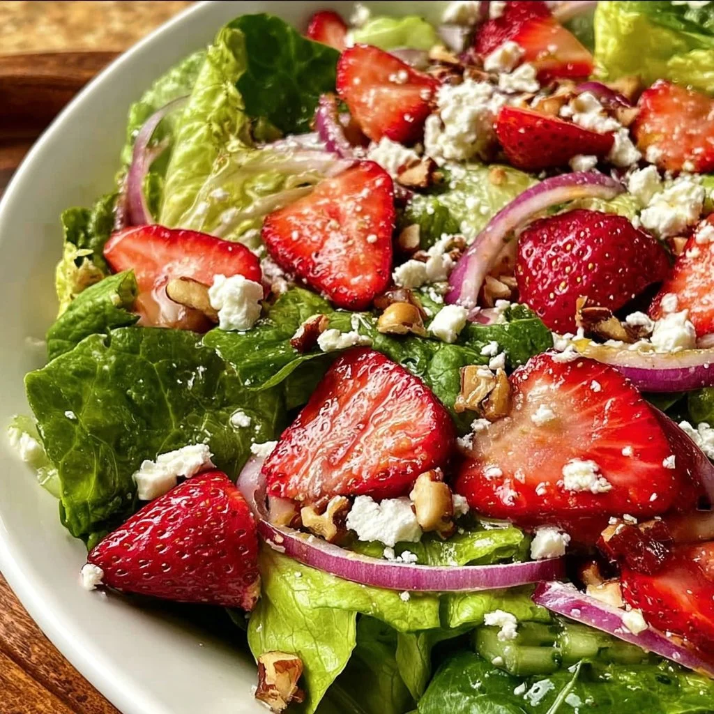 Crunchy strawberry romaine feta salad with fresh strawberries and greens