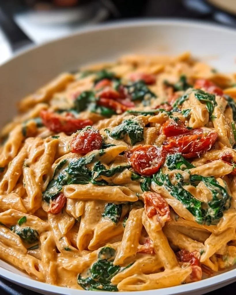 Bowl of delicious spinach tomato pasta garnished with herbs and cheese