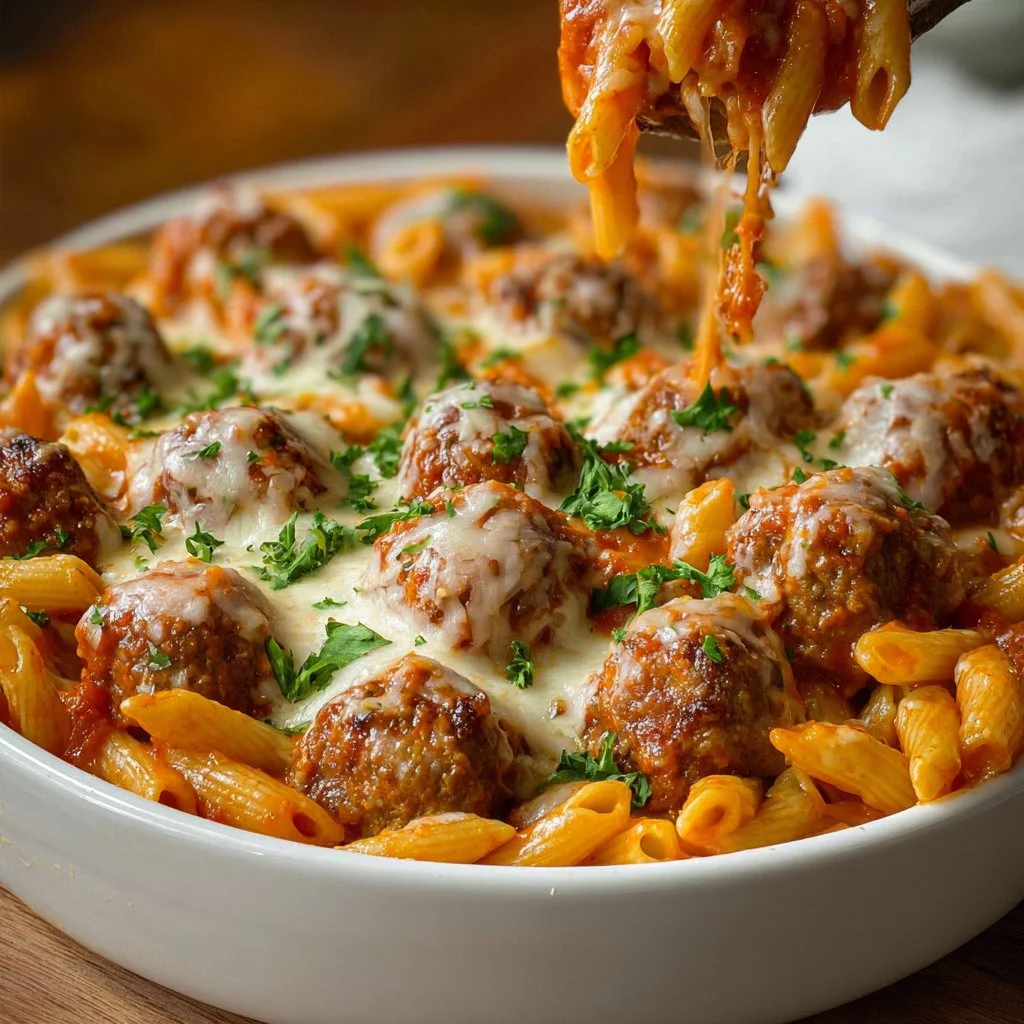 Delicious Dump and Bake Meatball Casserole served in a dish with melted cheese
