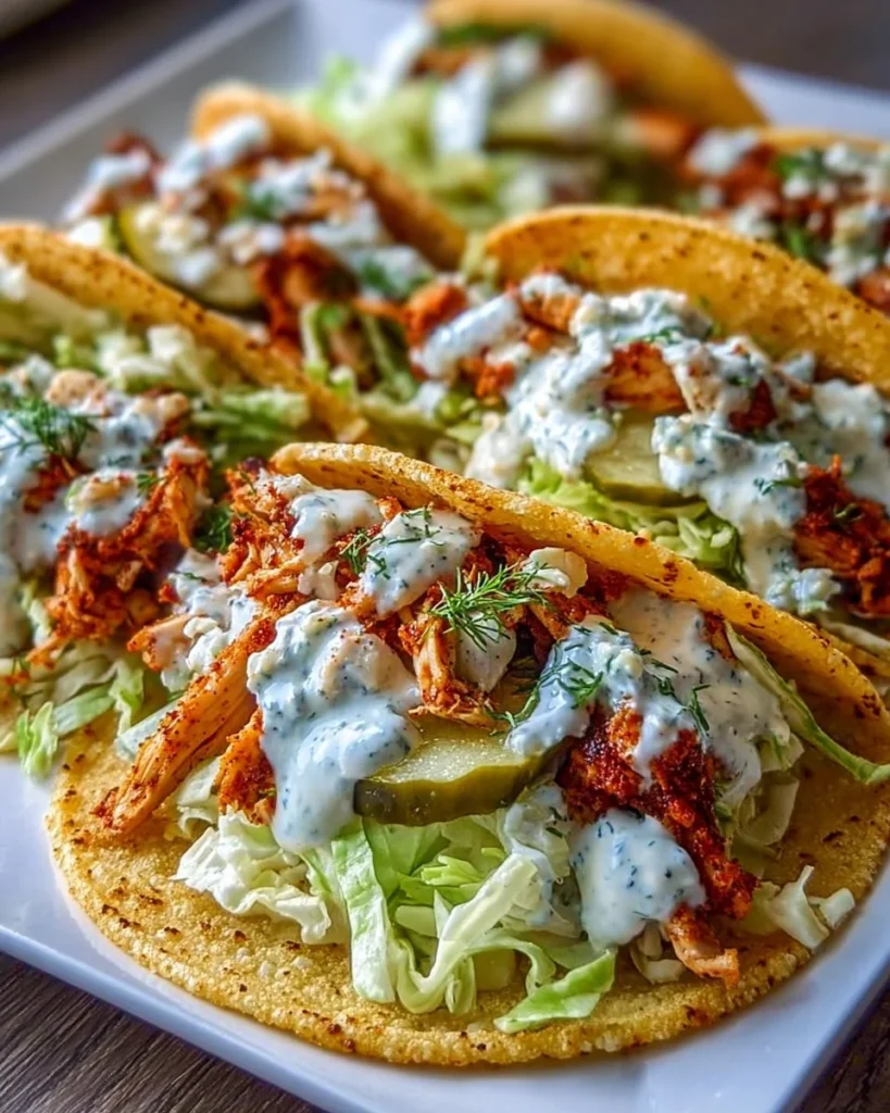 Easy dill pickle ranch smash chicken tacos on a plate.