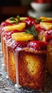 Sliced Fruit Pound Cake topped with strawberries and pineapple