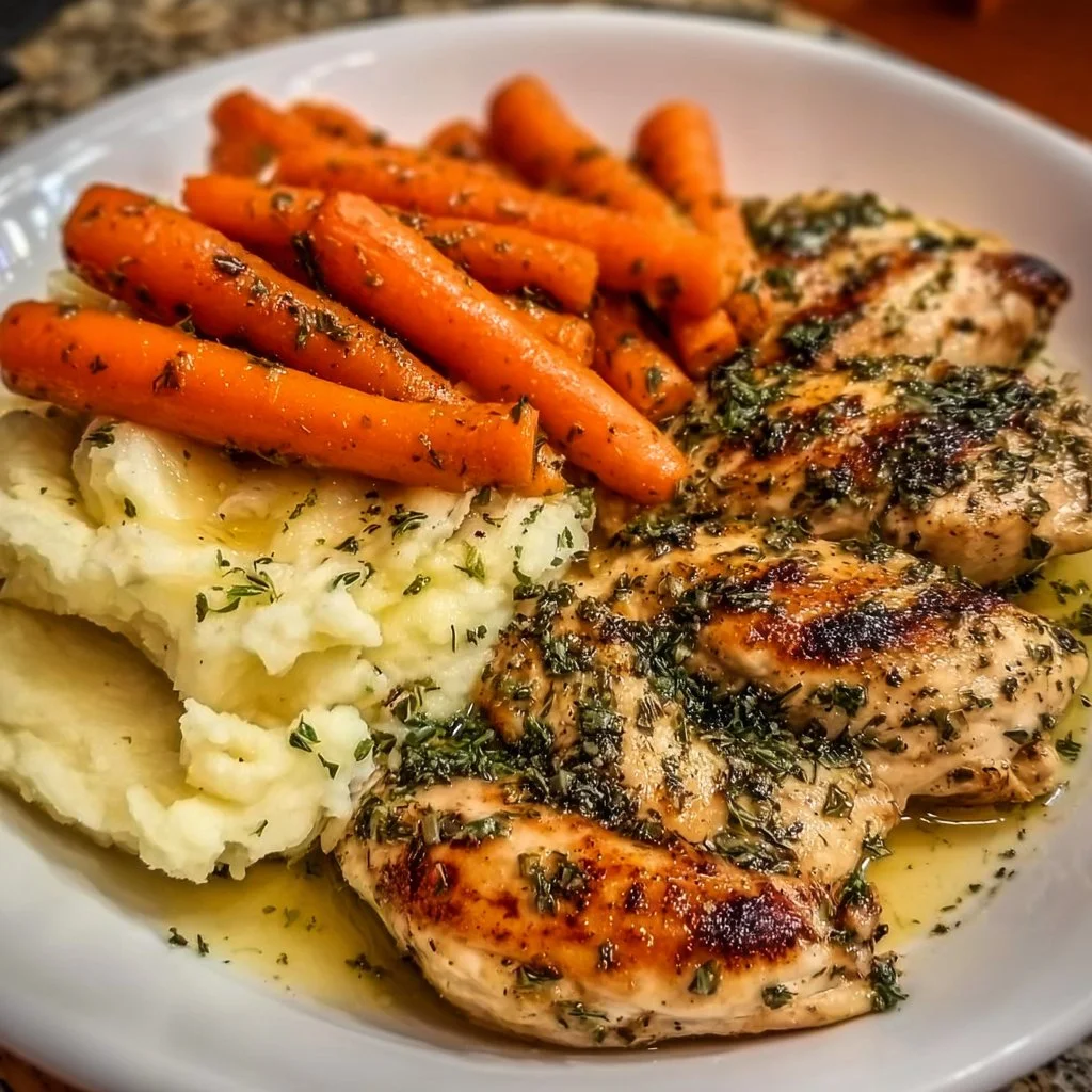 Garlic Herb Chicken with creamy mashed potatoes and glazed carrots on a plate