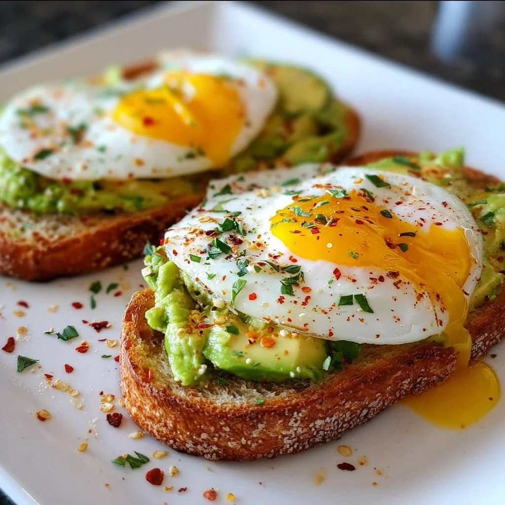 Gourmet avocado toast topped with a perfectly cooked egg on whole grain bread