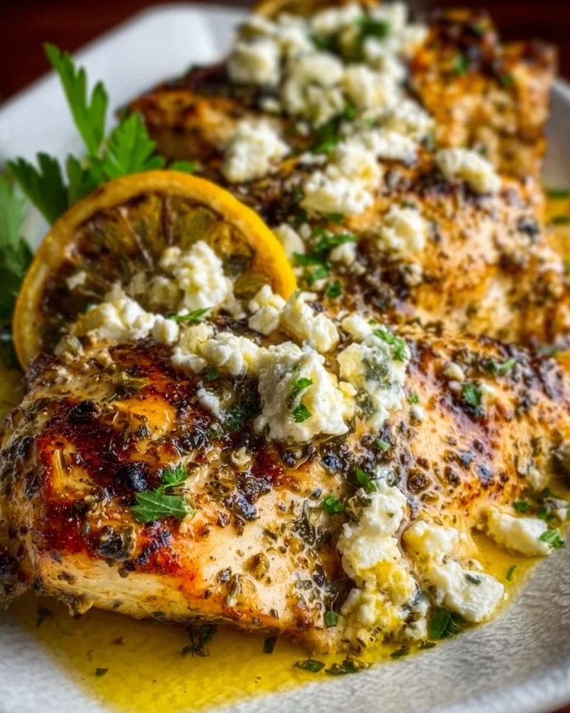 Greek chicken dish with lemon and feta cheese served on a plate