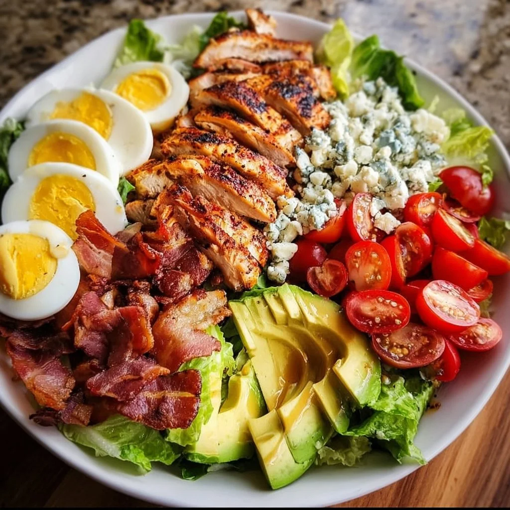 Delicious Grilled Chicken Cobb Salad with fresh vegetables and toppings.