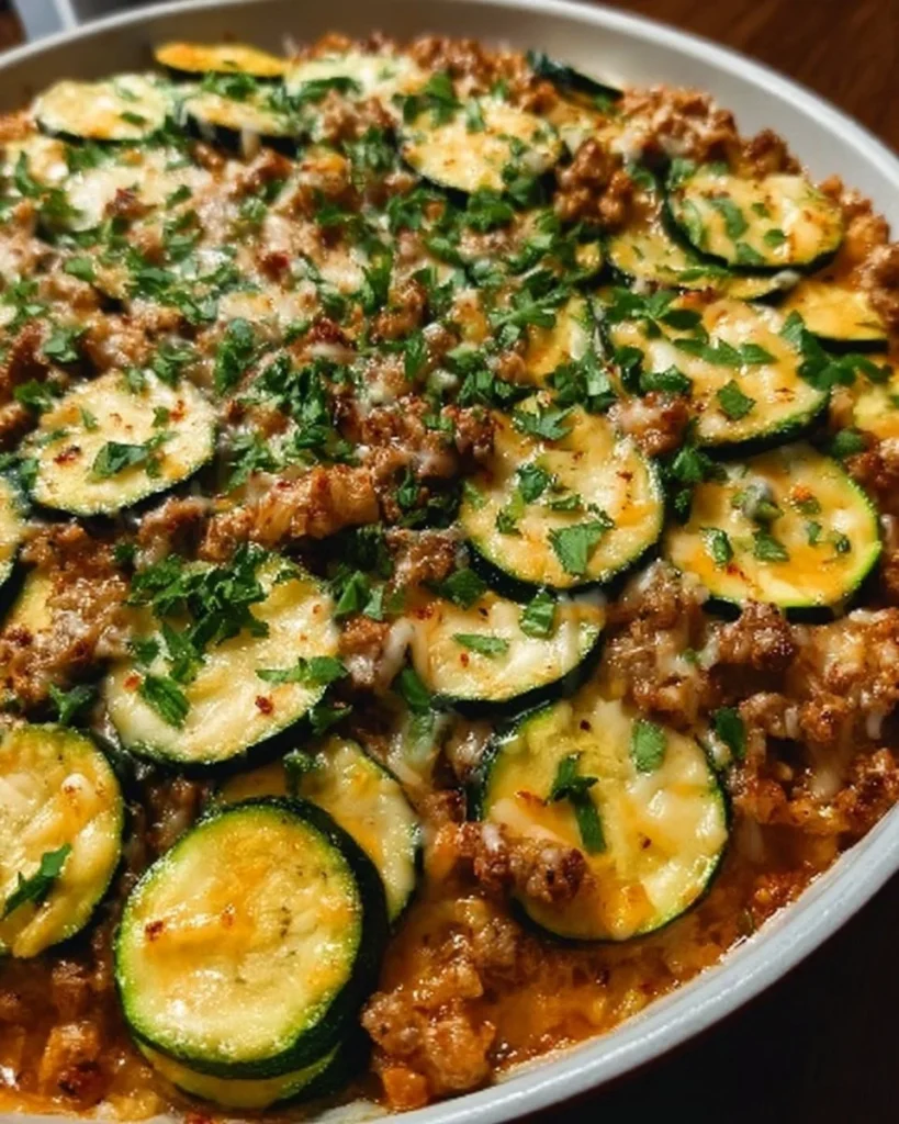 Ground turkey and zucchini skillet dish served in a pan