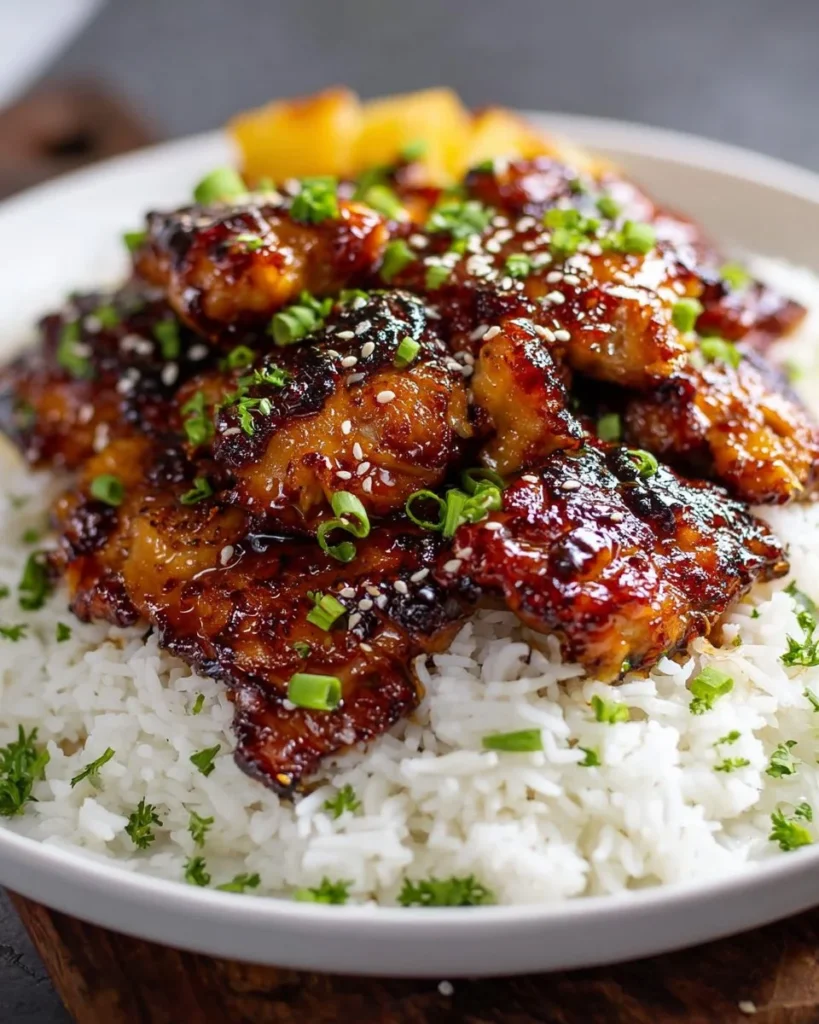 Delicious Hawaiian Chicken served with creamy coconut rice