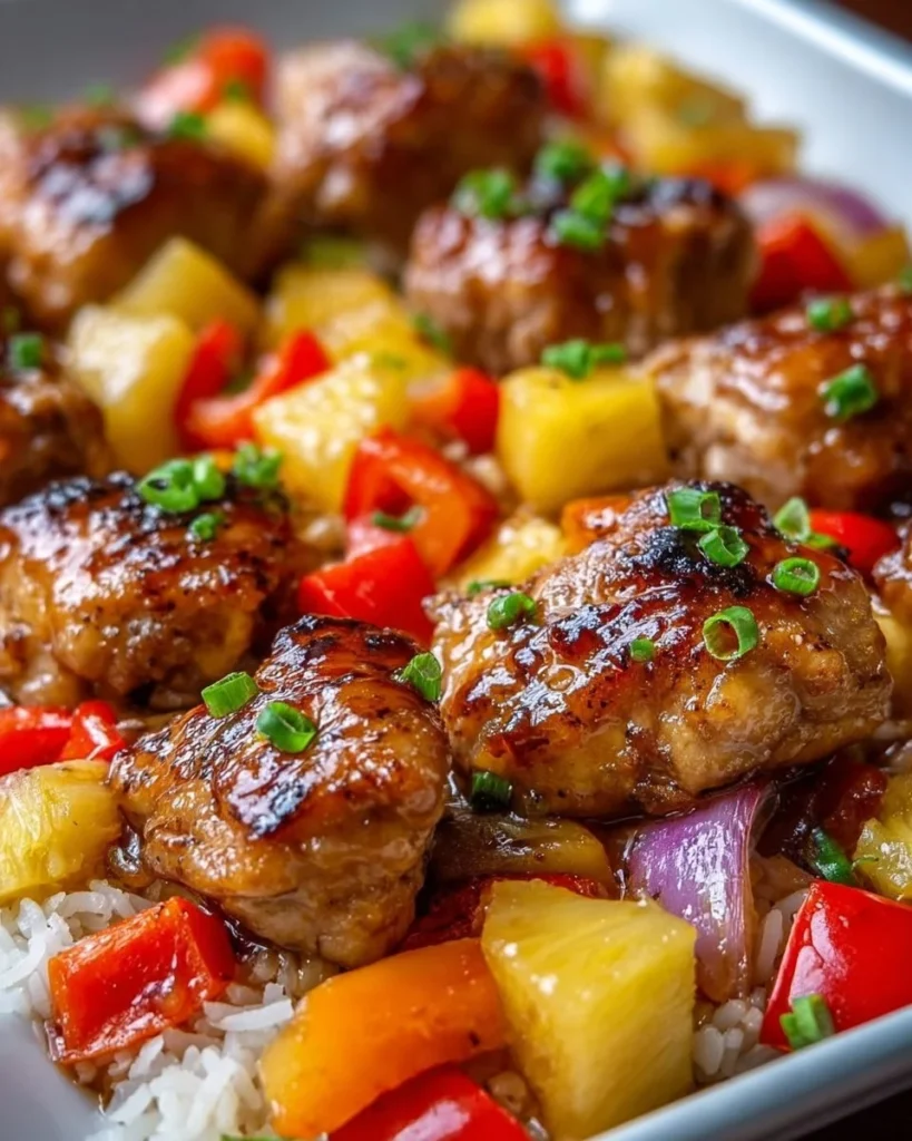 Hawaiian Chicken Sheet Pan with tropical vegetables and a glaze