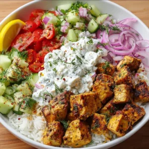 High protein Mediterranean chicken bowl with lemon and dill on a plate