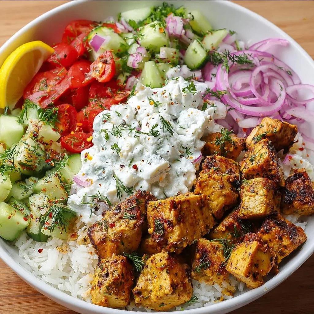 High protein Mediterranean chicken bowl with lemon and dill on a plate