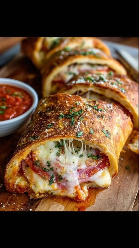 A freshly baked homemade stromboli filled with cheese and meats.