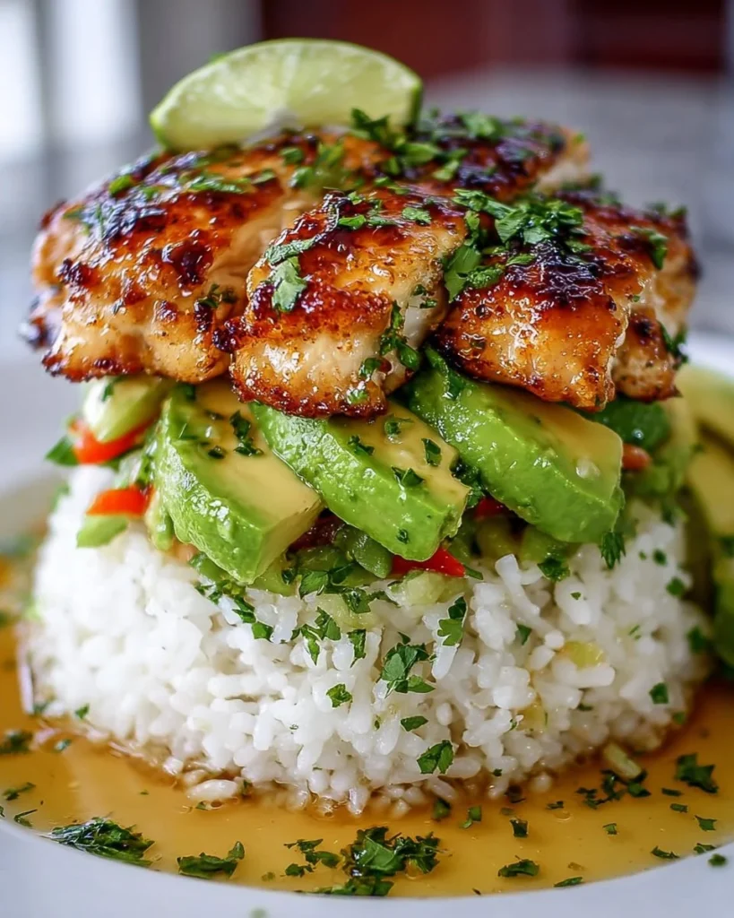 Honey Lime Chicken Avocado Rice Stack on a plate for a tasty meal