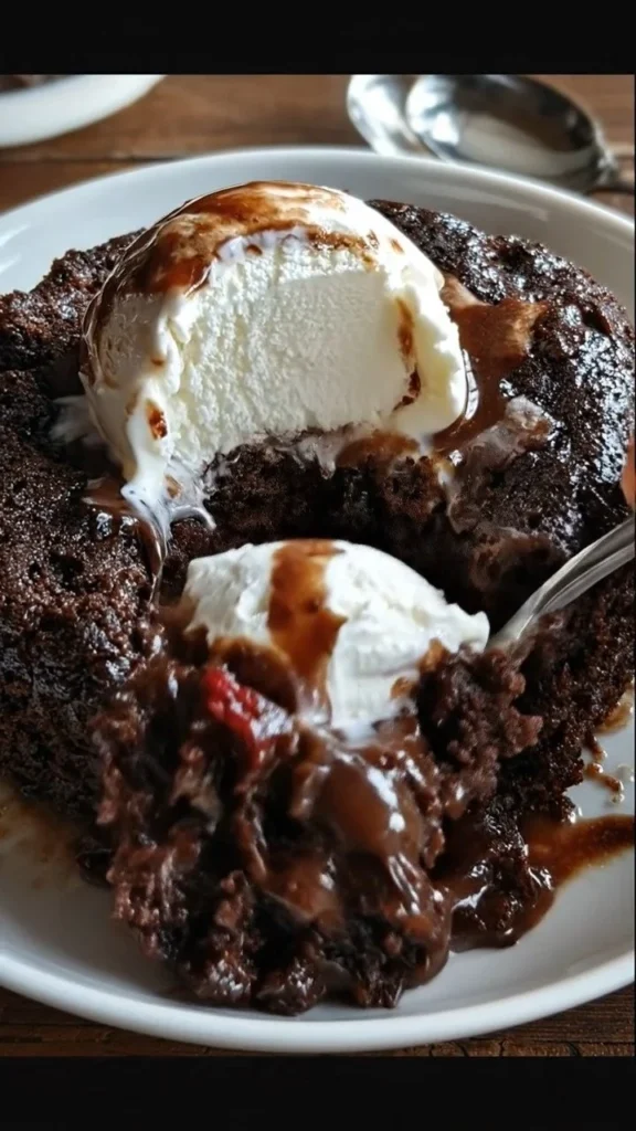 Delicious homemade hot fudge pudding cake served warm with chocolate sauce