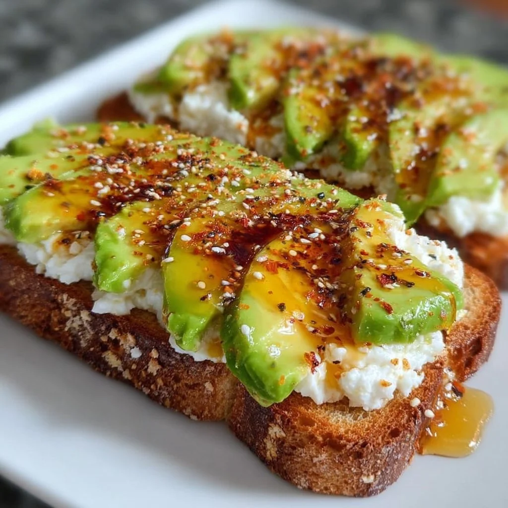 Hot honey and avocado toast with cottage cheese on a rustic wooden table