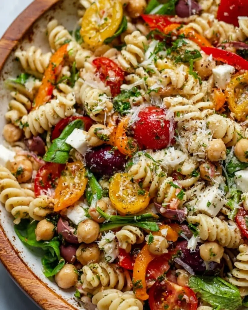 Colorful Italian pasta salad with vegetables and dressing